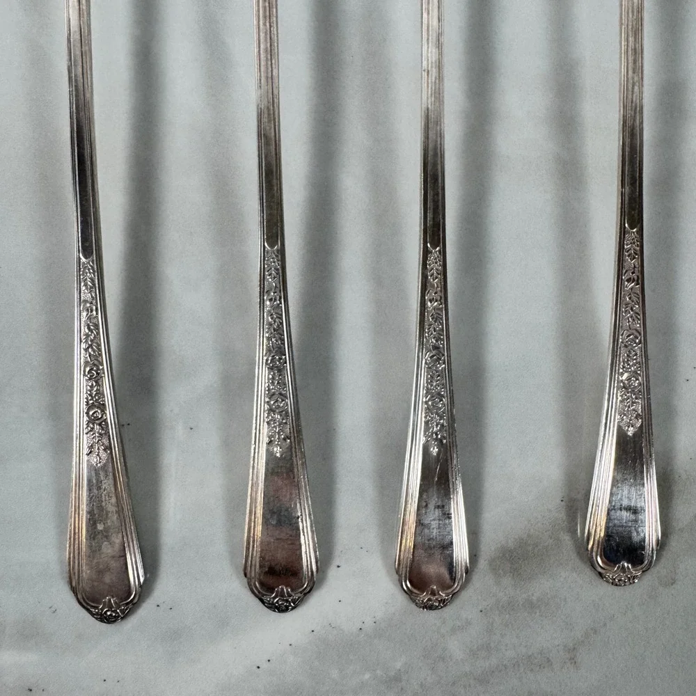 Set of 4 Plymouth Silver Plate Long Iced‎ Tea Spoons Jewel Rose Cottagecore